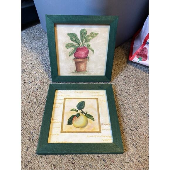 Set Of 2 Vintage Watercolor Art Fruit Prints Wall decor Singed Frame Beet Apple - Picture 6 of 7